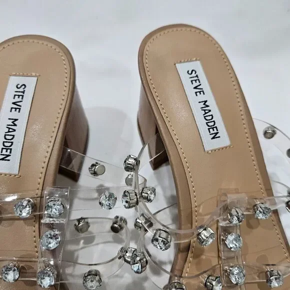 Steve Madden Intricate Clear Rhinestone Block Heel Slide Sandals 8 Dressy Party - Picture 4 of 11